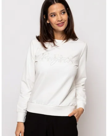 Bluza sport cu broderie logo Dame, Alb fildes