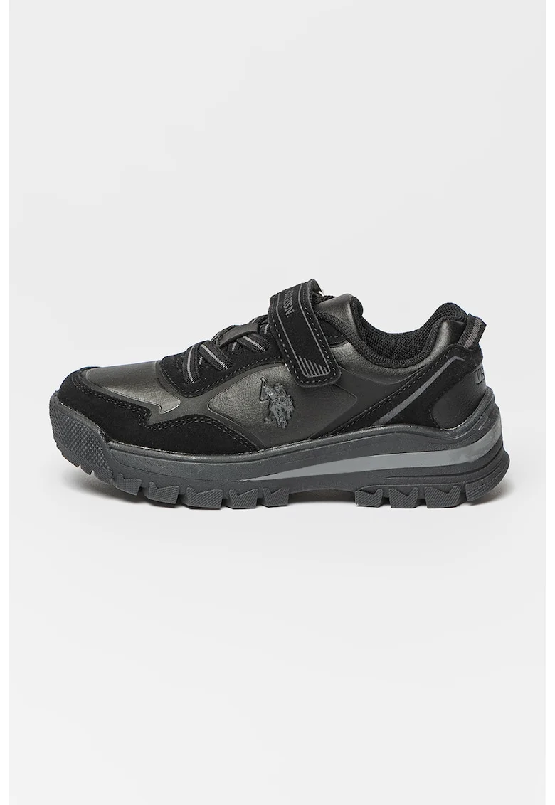 Pantofi sport din piele ecologica cu inchidere velcro, Negru