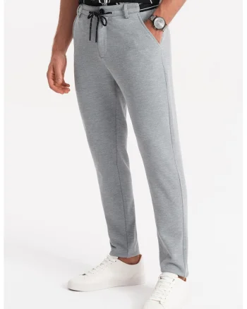 Pantaloni texturati cu snur, Gri deschis melange