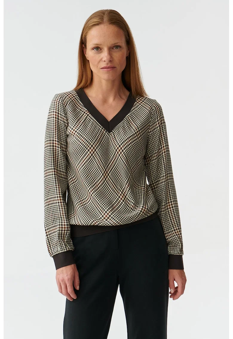 Bluza cu decolteu in V si model in carouri, Alb/Negru/Maro