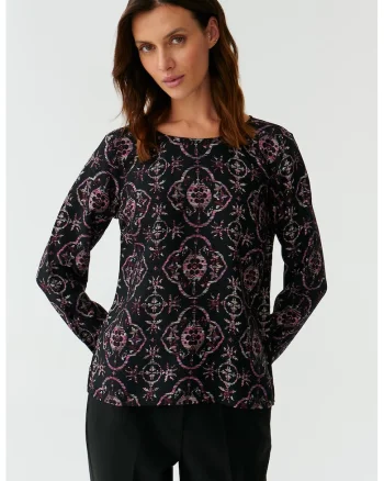 Bluza cu decolteu rotund si model grafic, Negru/Violet
