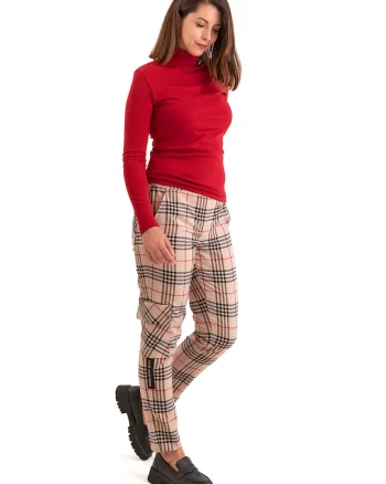 Pantaloni cargo cu model in carouri, Rosu/Maro/Bej