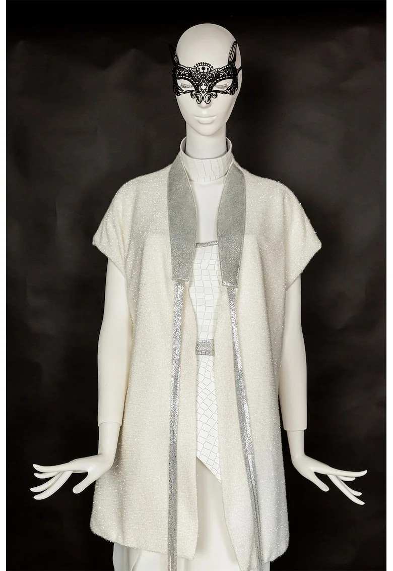Cardigan cu aspect stralucitor si garnituri de piele, Alb fildes