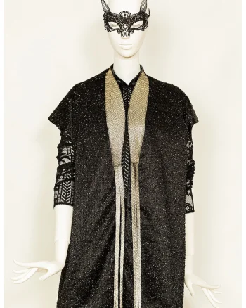 Cardigan cu aspect stralucitor si garnituri de piele, Negru