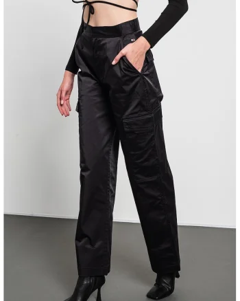 Pantaloni din satin cu talie inalta, Negru