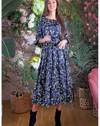 Rochie din amestec de matase cu model floral Cagliari, Alb/Bleumarin