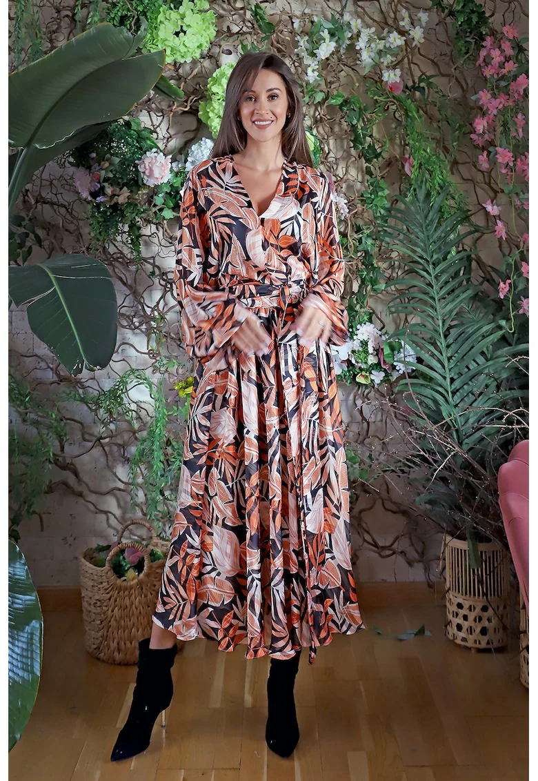 Rochie midi din amestec de matase Cremona, Portocaliu/Bleumarin