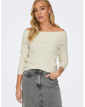 Pulover striat cu decolteu pe umeri Katia, Crem