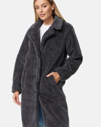 Haina din material teddy cu buzunare oblice, Gri carbune