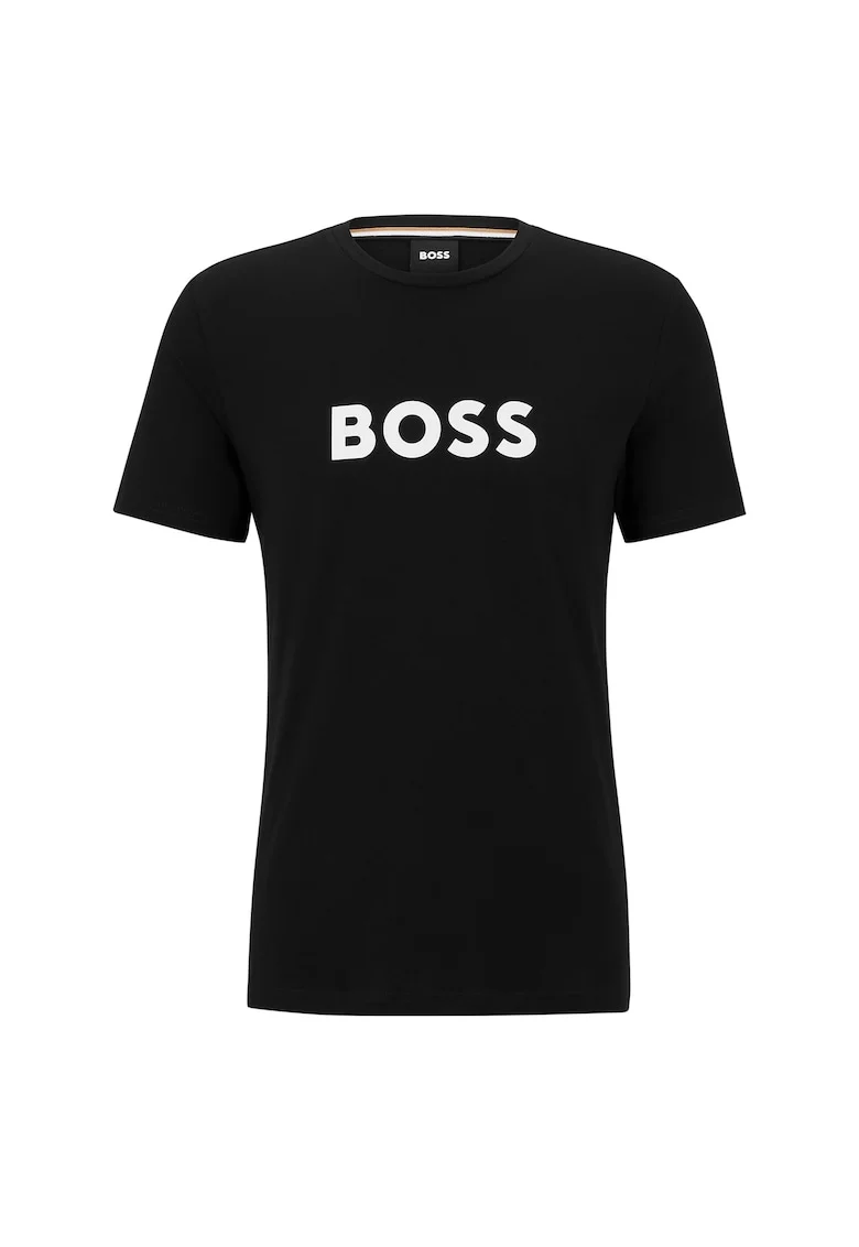 Tricou cu decolteu rotund si logo, Negru