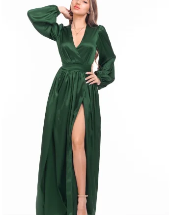 Rochie maxi evazata cu slit si model petrecut, Verde inchis