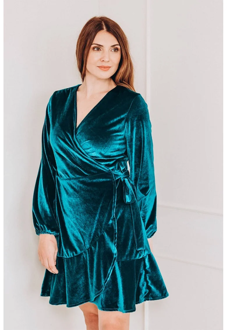 Rochie mini catifelata cu croiala petrecuta, Albastru petrol