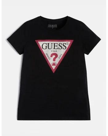 Tricou cu imprimeu logo si strasuri, Negru