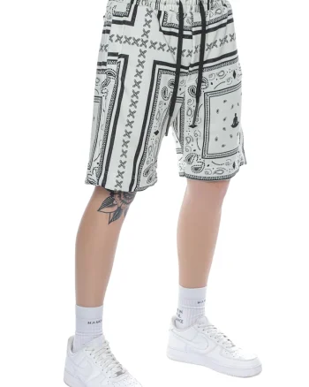 Pantaloni scurti cu imprimeu si snur Bandana, Negru/Crem