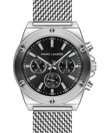 Ceas analog cu functii multiple si bratara cu model plasa, Argintiu/Negru