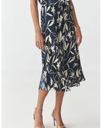 Fusta midi evazata cu model floral, Alb fildes/Bleumarin