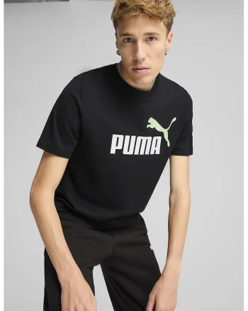 Tricou cu decolteu la baza gatului si imprimeu logo Essentials 2, Alb/Negru stins/Verde persan