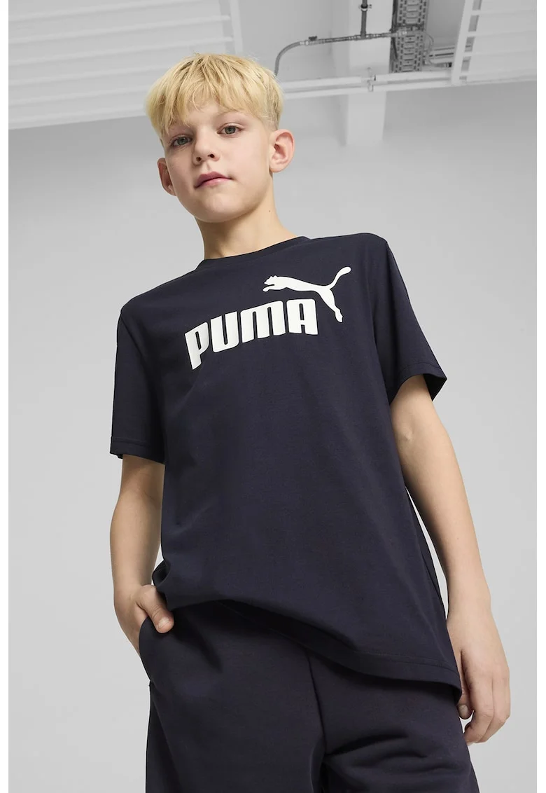 Tricou de bumbac cu decolteu la baza gatului si logo ESS No 1, Alb/Albastru ultramarin