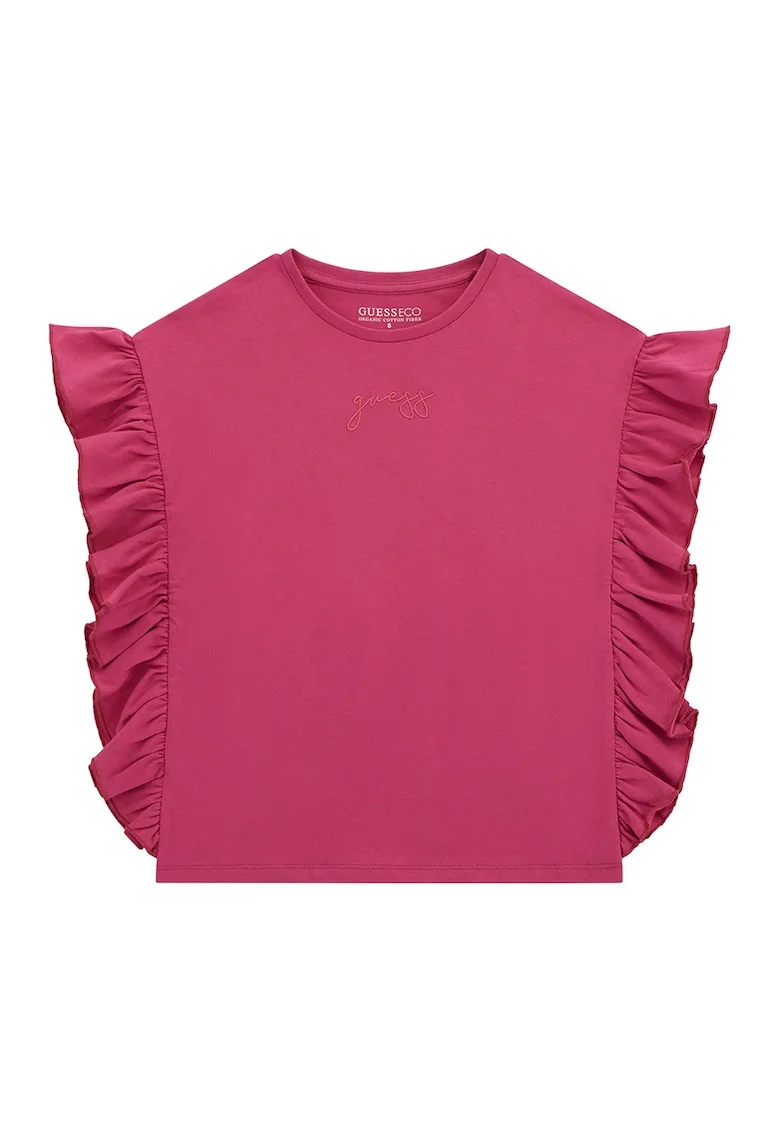 Tricou din bumbac cu volane, Roz zmeuriu