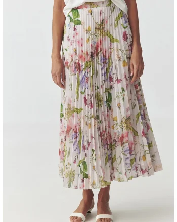 Fusta cu pliuri si model floral, Alb fildes/Verde masliniu