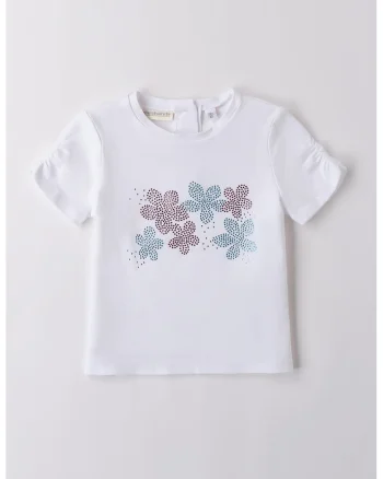 Tricou cu aplicatii din strasuri si decolteu la baza gatului, Alb/Roz/Albastru