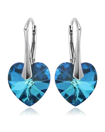 Cercei Argint 925 placat cu rodiu cu cristale Swarovski® Heart Bermuda Blue 14 mm Leverback