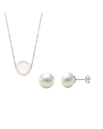 Set argint 925 cu perle naturale 6 mm + lant si pandantiv 8 mm, Alb