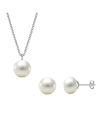 Set argint 925 cu perle naturale 6 mm + lant si pandantiv 8 mm, Bej deschis