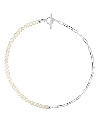 Colier ag.925 cu perle de cultura albe rotunde 6mm, inchizatoare toggle S, Perle albe+lant
