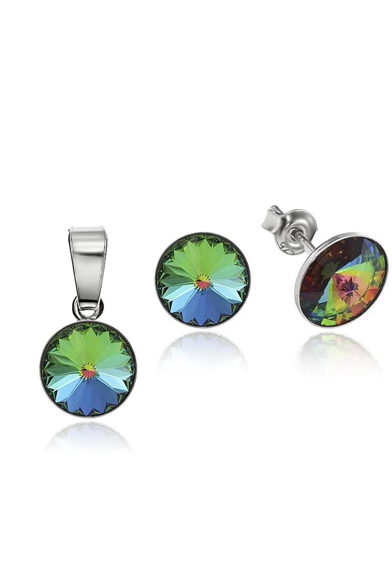 Set Argint 925 placat cu rodiu cu cristale Swarovski® Rivoli 8mm, Verde/Galben/Albastru