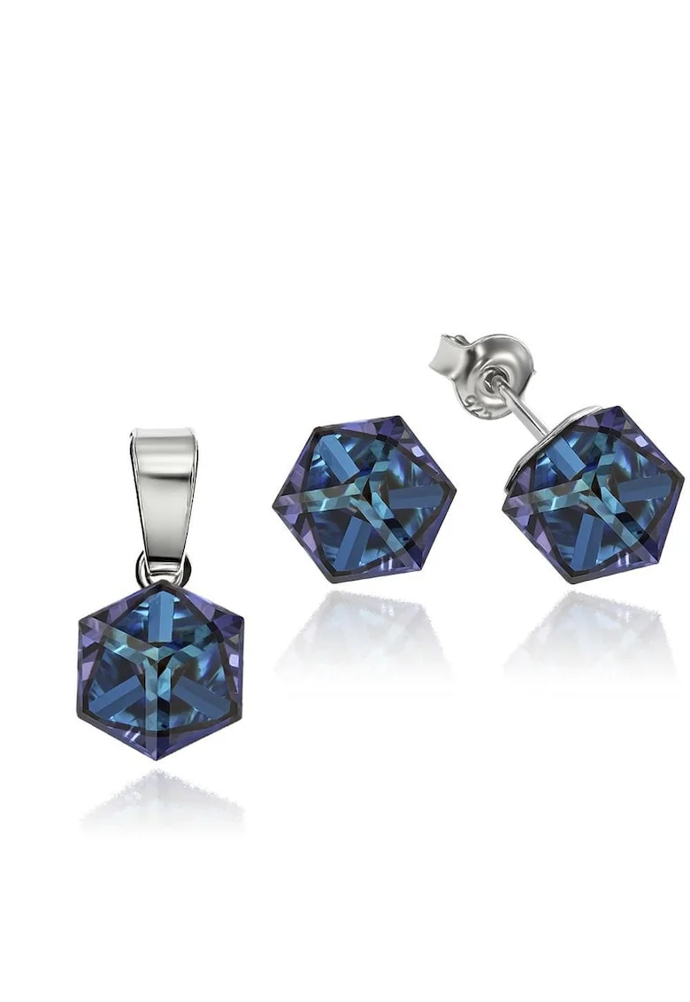 Set Argint 925 placat cu rodiu cu cristale Swarovski® Cubic 6mm, Surub, Albastru inchis