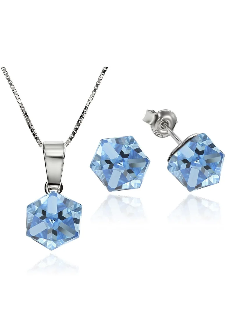 Set Argint 925 placat cu rodiu cu cristale Swarovski® Cubic 6mm, Surub + Lant, Albastru deschis