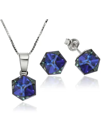 Set Argint 925 placat cu rodiu cu cristale Swarovski® Cubic 6mm, Surub + Lant, Albastru inchis