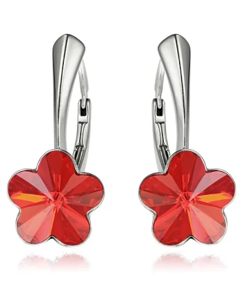 Cercei Argint 925 placat cu rodiu cu cristale Swarovski® Flower, 10mm, Leverback, Rosu