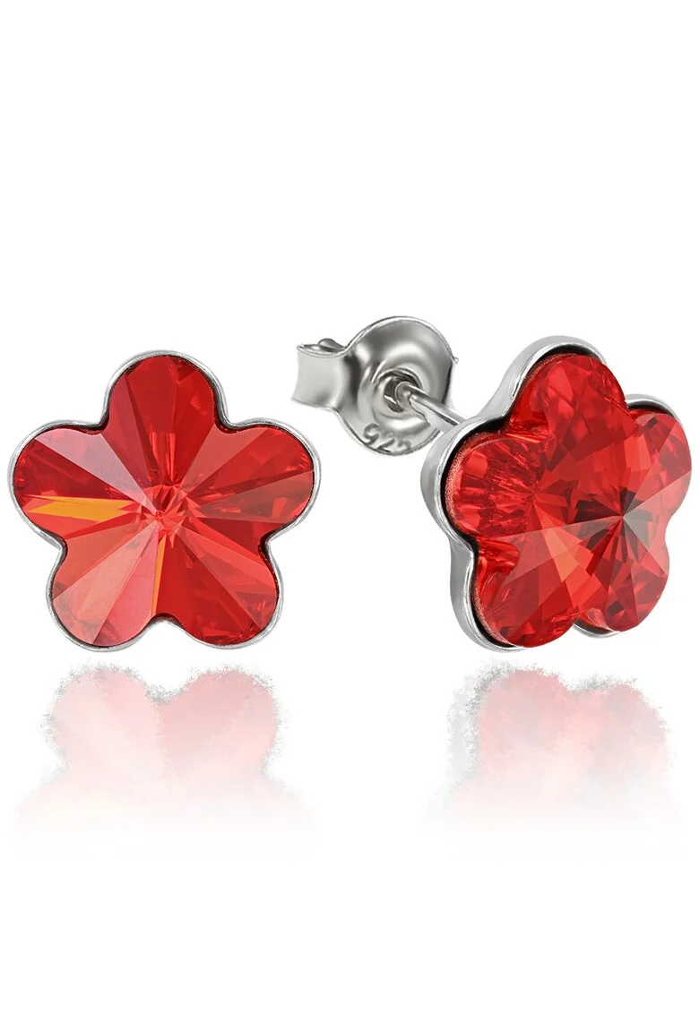 Cercei Argint 925 placat cu rodiu cu cristale Swarovski® Flower, 10mm, Surub, Rosu