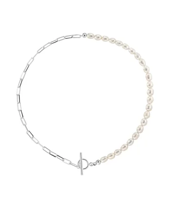 Colier ag.925 cu perle de cultura albe 6.5mm + lant paperclip, inchizatoare toggle S, Argintiu