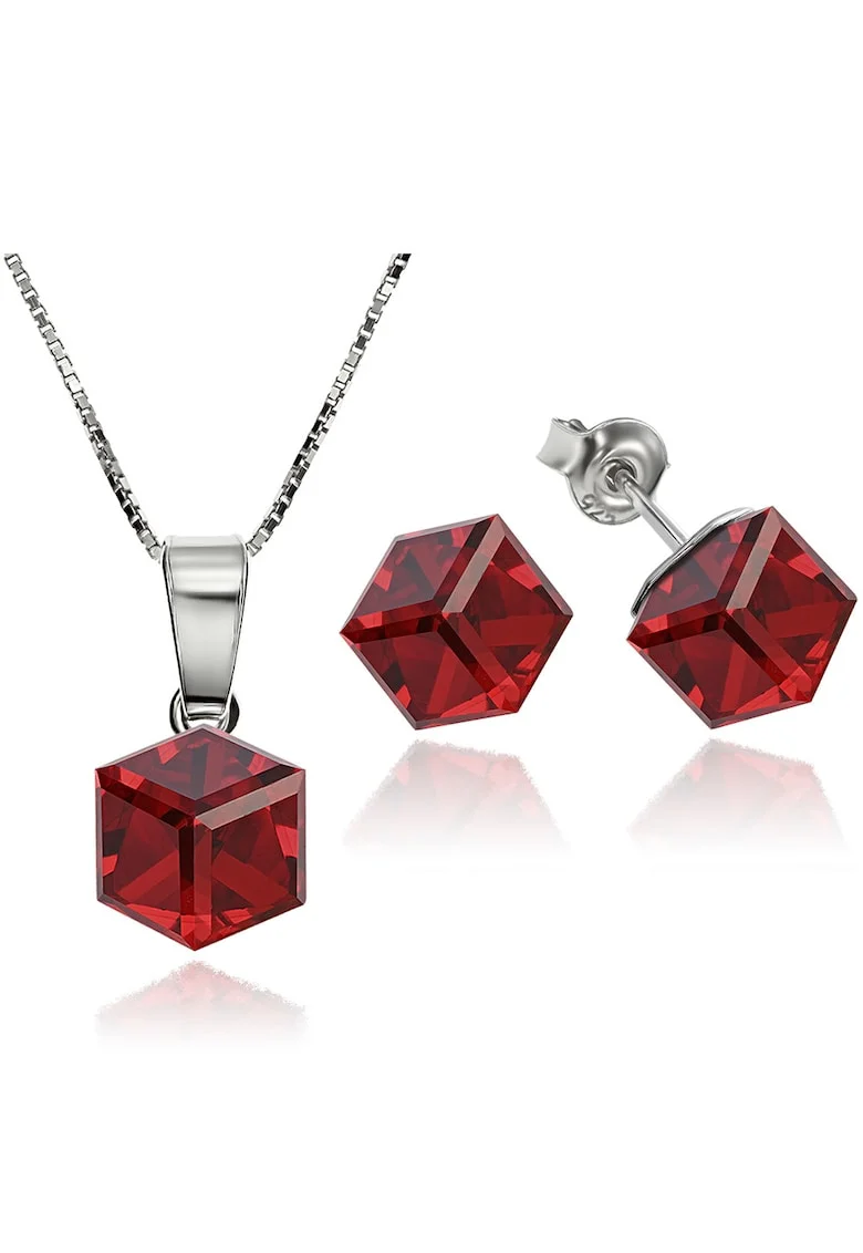 Set Argint 925 placat cu rodiu cu cristale Swarovski® Cubic 6mm, Surub + Lant, Rosu