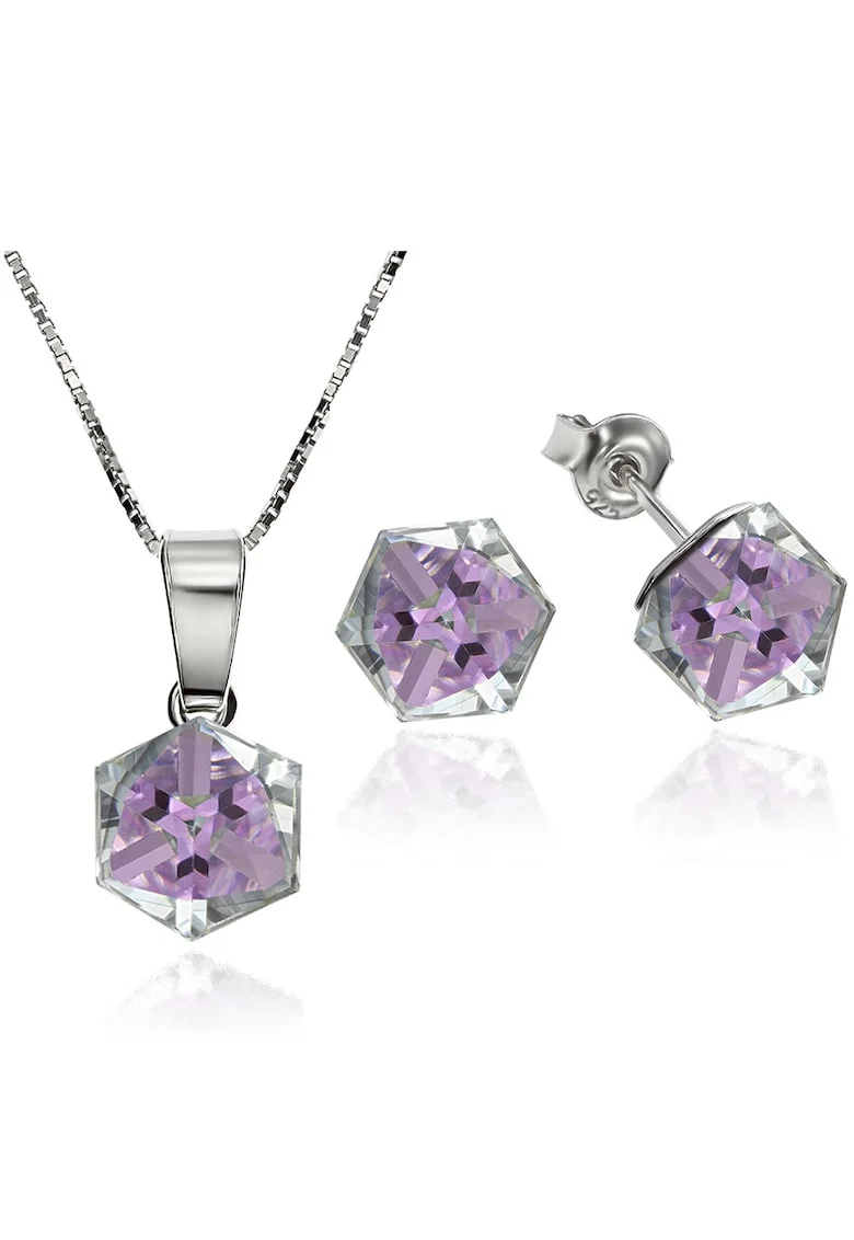 Set Argint 925 placat cu rodiu cu cristale Swarovski® Cubic 6mm, Surub + Lant, Violet/Multicolor