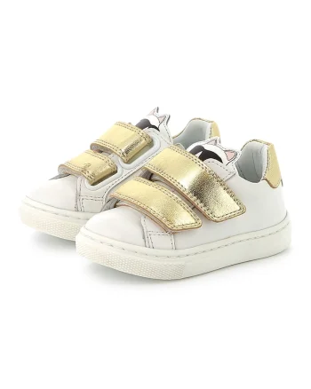 Pantofi sport din piele cu logo, Auriu/Alb murdar