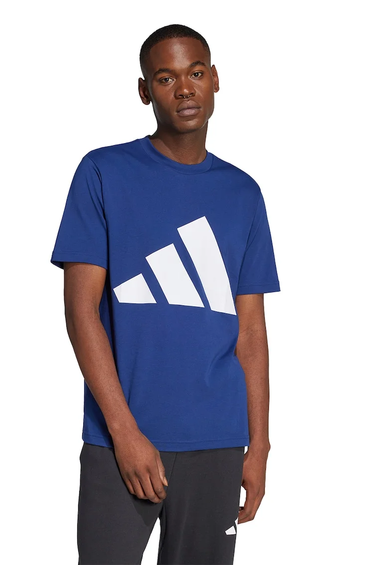 Tricou cu decolteu la baza gatului si imprimeu logo, Alb/Albastru inchis