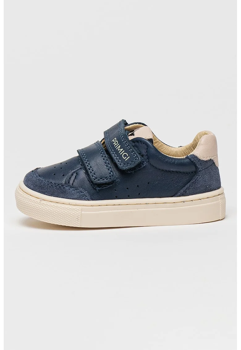 Pantofi sport din piele si piele intoarsa cu inchidere velcro, Albastru inchis