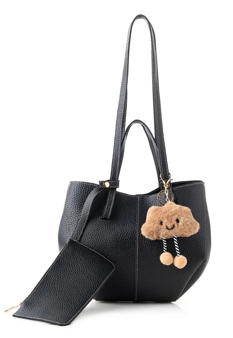 Geanta de piele ecologica cu breloc, Negru, 22x28x13