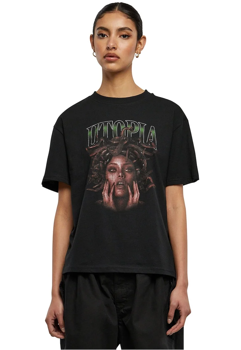 Tricou cu design grafic si decolteu la baza gatului, Negru