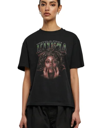 Tricou cu design grafic si decolteu la baza gatului, Negru