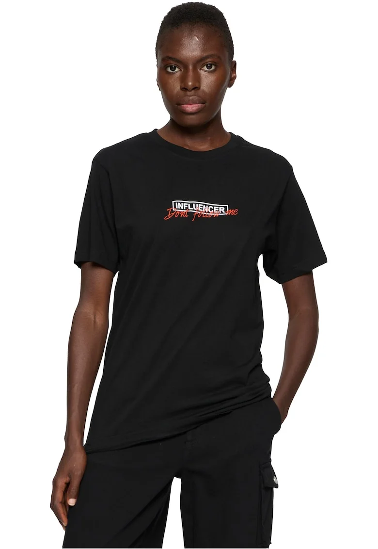 Tricou din bumbac cu decolteu la baza gatului si model text, Negru