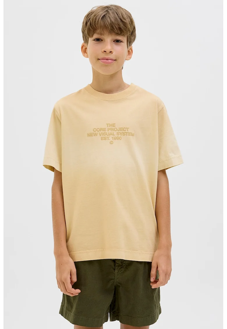 Tricou cu decolteu la baza gatului si imprimeu text, Galben pai