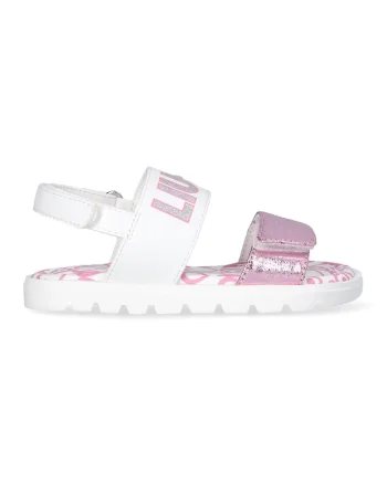 Sandale din piele ecologica cu inchidere velcro, Alb/Roz
