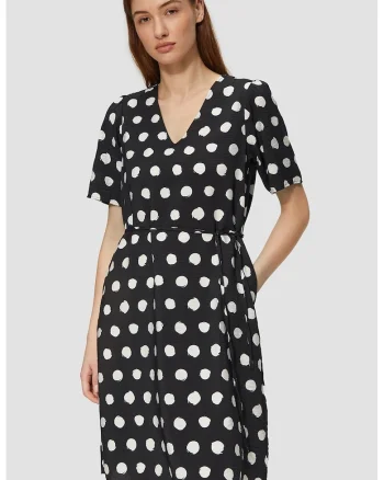 Rochie cu decolteu in V si cordon asortat, Alb fildes/Negru