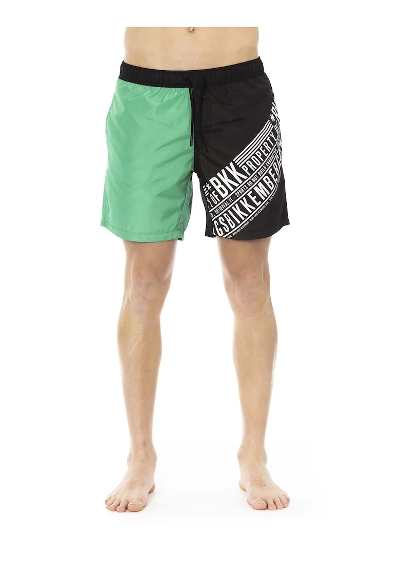 Pantaloni scurti de baie cu model colorblock si imprimeu logo, Verde