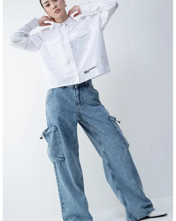 Blugi cargo relaxed fit, Albastru deschis melange
